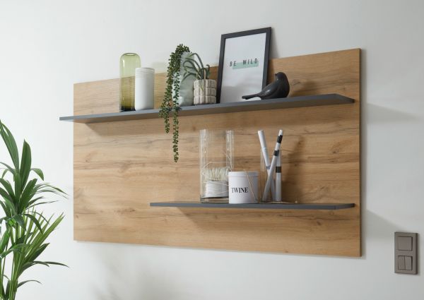 Wandregal Center in Wotan Eiche und grau matt Wandpaneel f�r Homeoffice und B�ro 155 x 80 cm