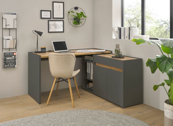 B�ro Kommode Center in grau matt und Wotan Eiche B�roschrank f�r Homeoffice und B�ro 80 x 70 cm