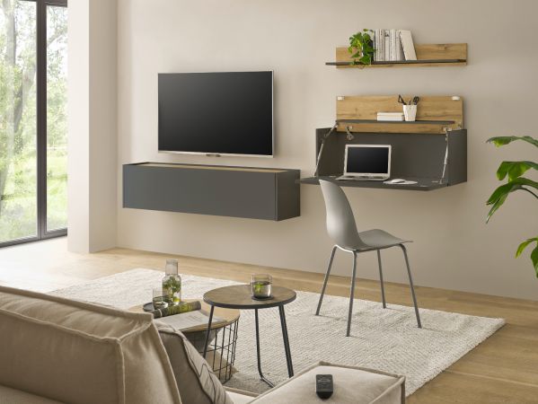 Wohnwand mit Sekret�r Center in grau matt und Wotan Eiche Wohnkombination 3-teilig 270 x 170 cm