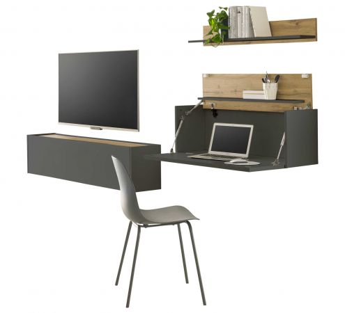 Wohnwand mit Sekret�r Center in grau matt und Wotan Eiche Wohnkombination 3-teilig 270 x 170 cm