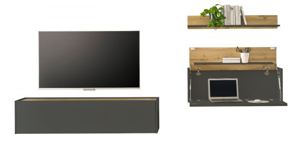 Wohnwand mit Sekret�r Center in grau matt und Wotan Eiche Wohnkombination 3-teilig 270 x 170 cm