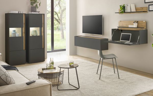 Wohnwand mit Sekret�r Center in grau matt und Wotan Eiche Wohnkombination 5-teilig 410 x 170 cm
