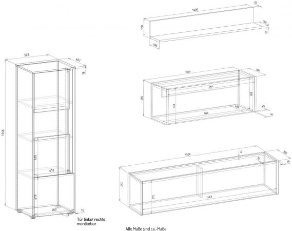 Wohnwand mit Sekret�r Center in grau matt und Wotan Eiche Wohnkombination 5-teilig 410 x 170 cm