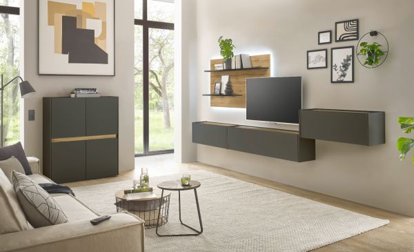 Wohnwand mit Sekret�r Center in grau matt und Wotan Eiche Wohnkombination 5-teilig 470 x 180 cm