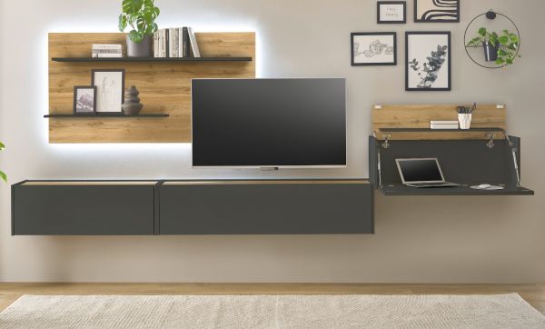 Wohnwand mit Sekret�r Center in grau matt und Wotan Eiche Wohnkombination 4-teilig 350 x 180 cm