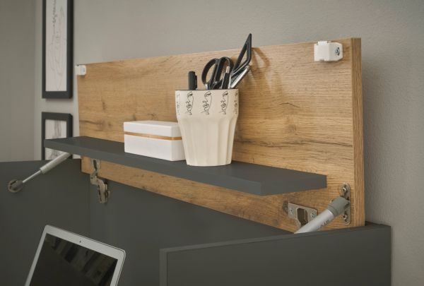 Wohnwand mit Sekret�r Center in grau matt und Wotan Eiche Wohnkombination 4-teilig 350 x 180 cm