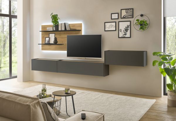 Wohnwand mit Sekret�r Center in grau matt und Wotan Eiche Wohnkombination 4-teilig 350 x 180 cm