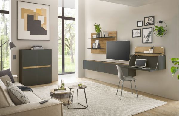 Wohnwand mit Sekret�r Center in grau matt und Wotan Eiche Wohnkombination 4-teilig 350 x 180 cm
