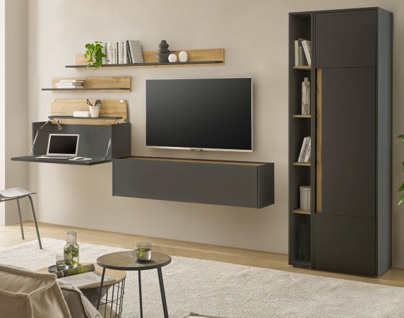 Wohnwand mit Sekret�r Center in grau matt und Wotan Eiche Wohnkombination 6-teilig 340 x 200 cm