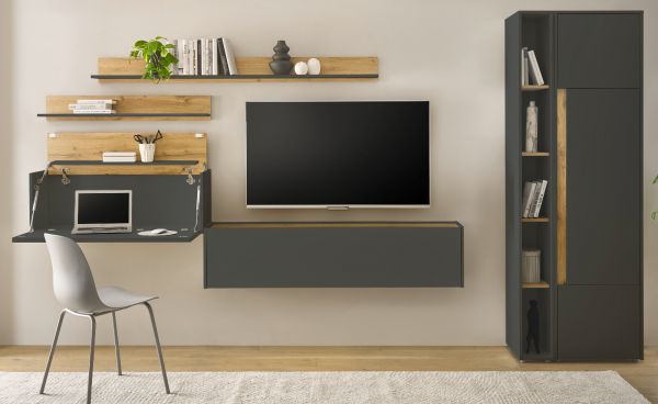 Wohnwand mit Sekret�r Center in grau matt und Wotan Eiche Wohnkombination 6-teilig 340 x 200 cm