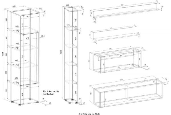 Wohnwand mit Sekret�r Center in grau matt und Wotan Eiche Wohnkombination 6-teilig 340 x 200 cm