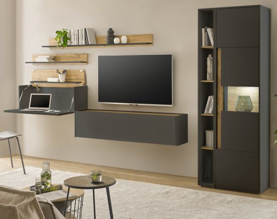Wohnwand mit Sekret�r Center in grau matt und Wotan Eiche Wohnkombination 6-teilig 340 x 200 cm