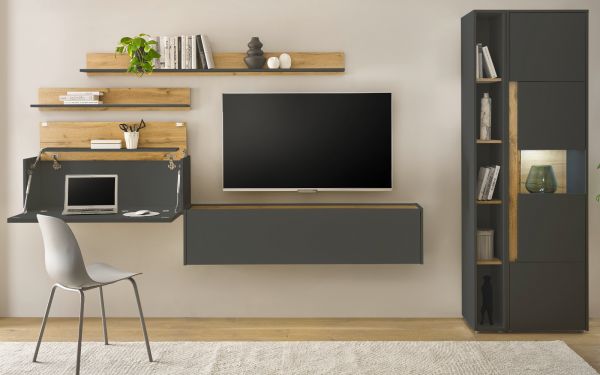 Wohnwand mit Sekret�r Center in grau matt und Wotan Eiche Wohnkombination 6-teilig 340 x 200 cm