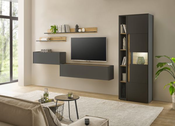 Wohnwand mit Sekret�r Center in grau matt und Wotan Eiche Wohnkombination 6-teilig 340 x 200 cm