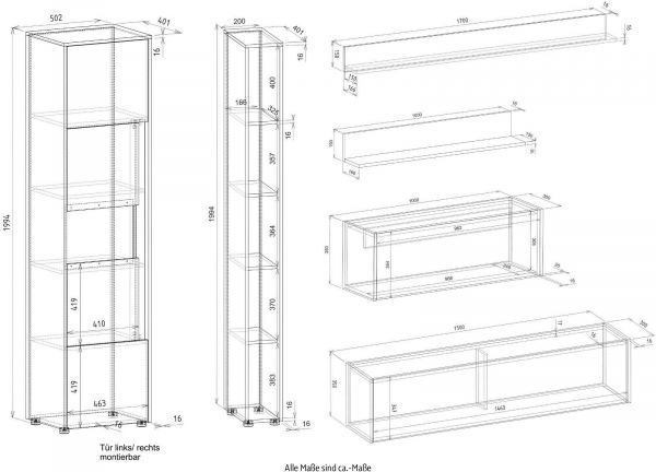 Wohnwand mit Sekret�r Center in grau matt und Wotan Eiche Wohnkombination 6-teilig 340 x 200 cm