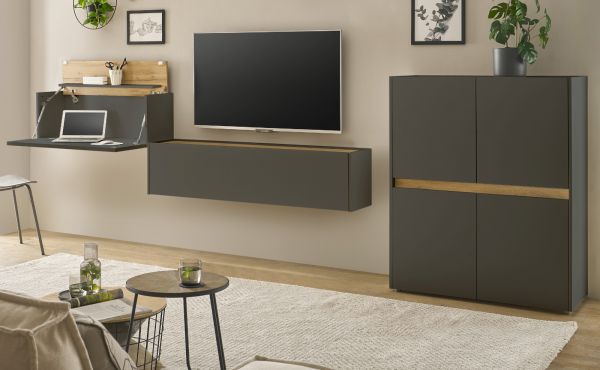 Wohnwand mit Sekret�r Center in grau matt und Wotan Eiche Wohnkombination 3-teilig 370 cm