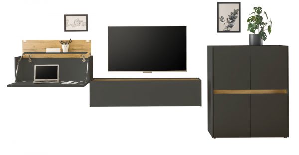 Wohnwand mit Sekret�r Center in grau matt und Wotan Eiche Wohnkombination 3-teilig 370 cm