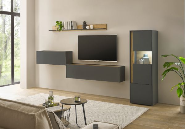 Wohnwand mit Sekret�r Center in grau matt und Wotan Eiche Wohnkombination 4-teilig 320 x 170 cm