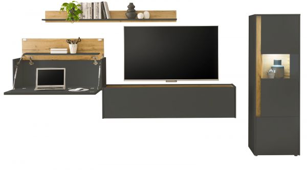 Wohnwand mit Sekret�r Center in grau matt und Wotan Eiche Wohnkombination 4-teilig 320 x 170 cm