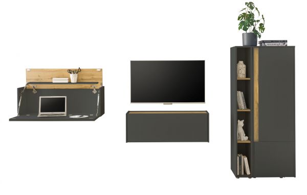 Wohnwand mit Sekret�r Center in grau matt und Wotan Eiche Wohnkombination 4-teilig 310 cm