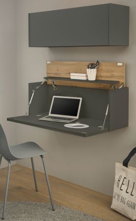 B�rom�bel Set Center in grau matt und Wotan Eiche B�roschrank und Sekret�r h�ngend f�r Homeoffice 100 cm