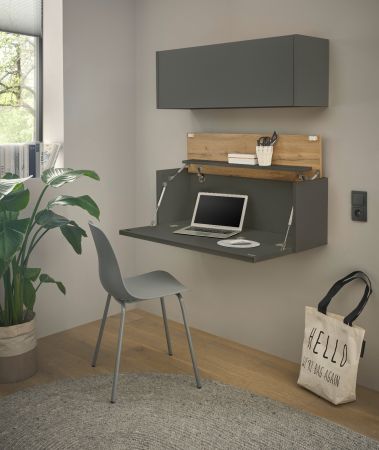 B�rom�bel Set Center in grau matt und Wotan Eiche B�roschrank und Sekret�r h�ngend f�r Homeoffice 100 cm
