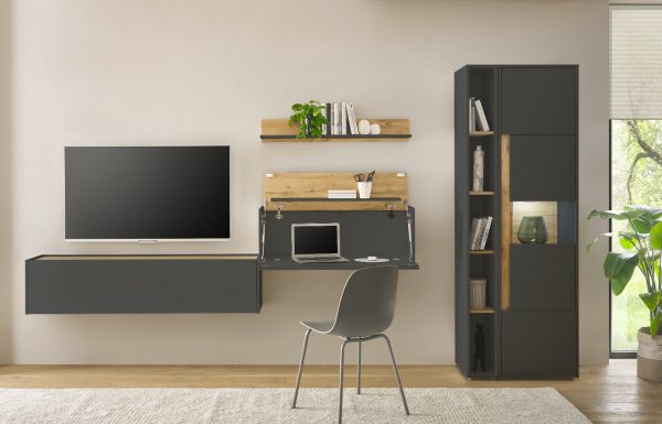 Wohnwand mit Sekret�r Center in grau matt und Wotan Eiche Wohnkombination 5-teilig 340 x 200 cm