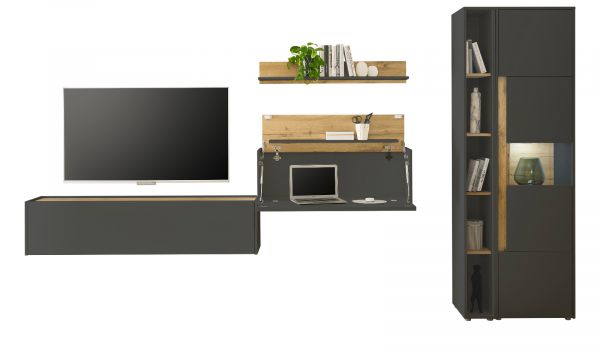 Wohnwand mit Sekret�r Center in grau matt und Wotan Eiche Wohnkombination 5-teilig 340 x 200 cm