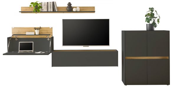 Wohnwand mit Sekret�r Center in grau matt und Wotan Eiche Wohnkombination 4-teilig 370 cm