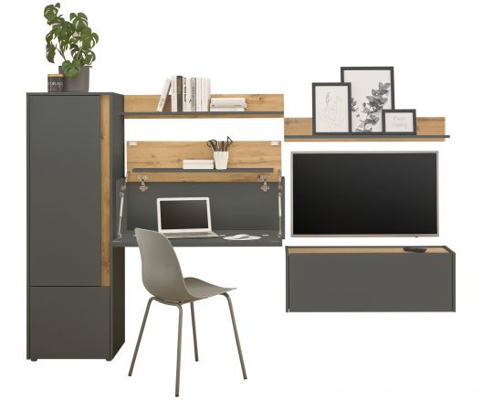 Wohnwand mit Sekret�r Center in grau matt und Wotan Eiche Wohnkombination 5-teilig 250 cm