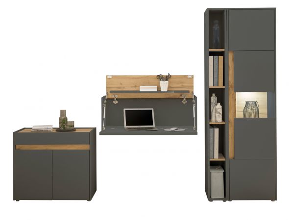 B�rom�bel komplett Set Center in grau matt und Wotan Eiche mit Aktenschrank, Sekret�r und Vitrine f�r Homeoffice
