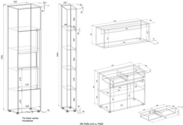 B�rom�bel komplett Set Center in grau matt und Wotan Eiche mit Aktenschrank, Sekret�r und Vitrine f�r Homeoffice