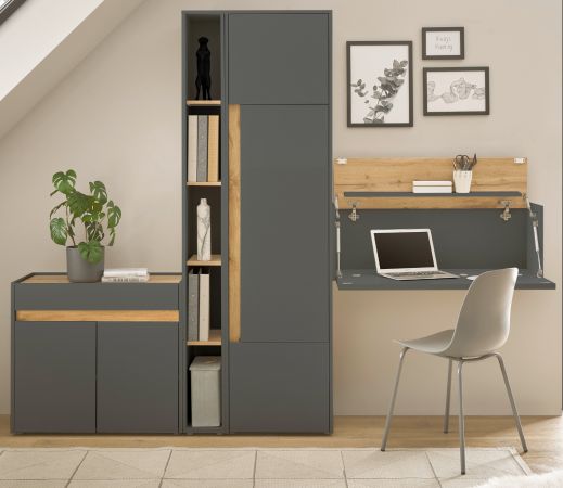 B�rom�bel komplett Set Center in grau matt und Wotan Eiche mit Aktenschrank, Sekret�r und Kommode f�r Homeoffice