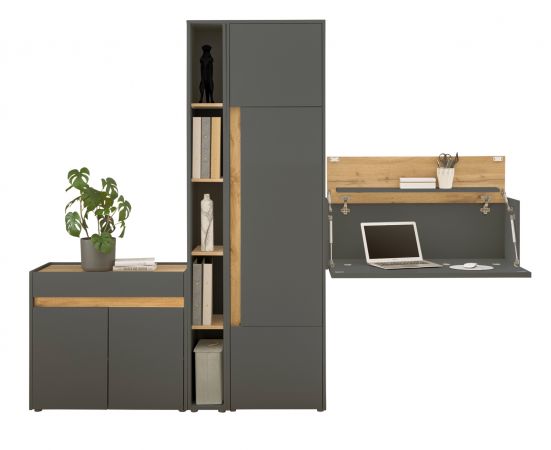 B�rom�bel komplett Set Center in grau matt und Wotan Eiche mit Aktenschrank, Sekret�r und Kommode f�r Homeoffice