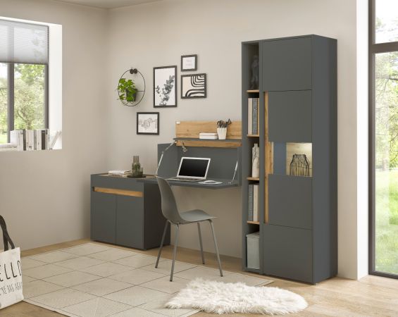 Aktenschrank Set Center in grau matt und Wotan Eiche Vitrine und Regal f�r Homeoffice 70 x 200 cm