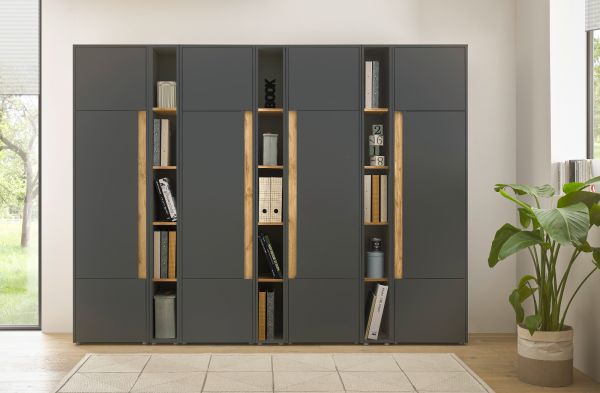 Aktenschrank Set Center in grau mit Wotan Eiche 4x Schrank und 3x Regal B�ro Homeoffice 260 cm