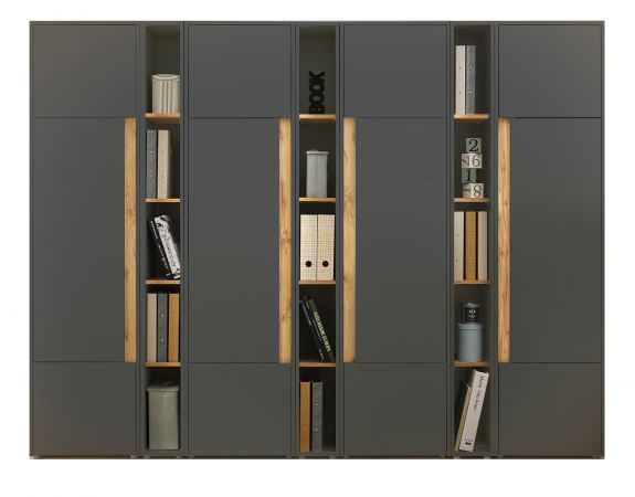 Aktenschrank Set Center in grau mit Wotan Eiche 4x Schrank und 3x Regal B�ro Homeoffice 260 cm