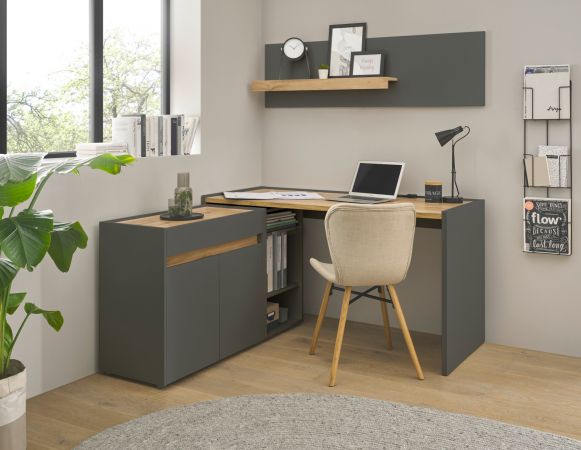 B�rom�bel Set Center in grau matt und Wotan Eiche mit Schreibtisch und Regal f�r Homeoffice