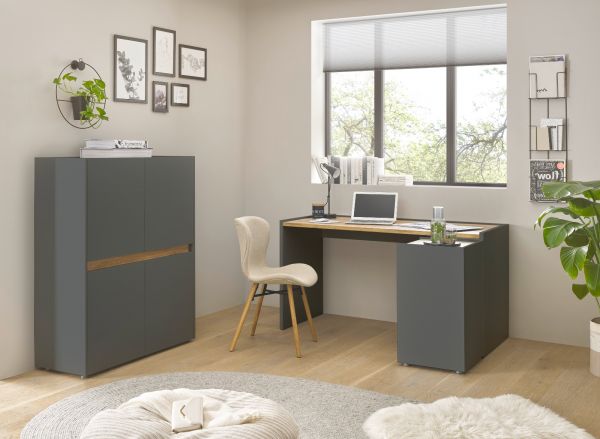 B�rom�bel Set Center in grau matt und Wotan Eiche mit Schreibtisch und Container