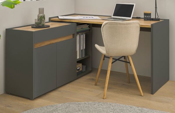 B�rom�bel Set Center in grau matt und Wotan Eiche mit Schreibtisch, Kommode und Aktenregal f�r Homeoffice