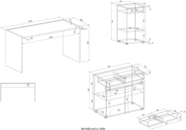 B�rom�bel Set Center in grau matt und Wotan Eiche mit Schreibtisch, Kommode und Aktenregal f�r Homeoffice