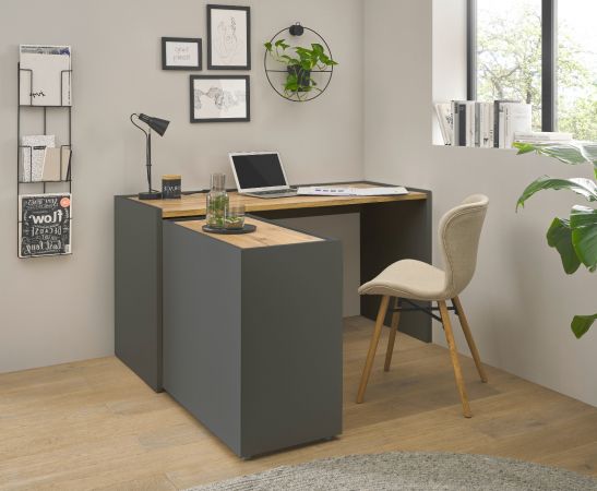 B�rom�bel Set Center in grau matt und Wotan Eiche mit Schreibtisch, Kommode und Aktenregal f�r Homeoffice