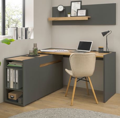 B�rom�bel Set Center in grau matt und Wotan Eiche mit Schreibtisch, Kommode und 2 x Regal f�r Homeoffice