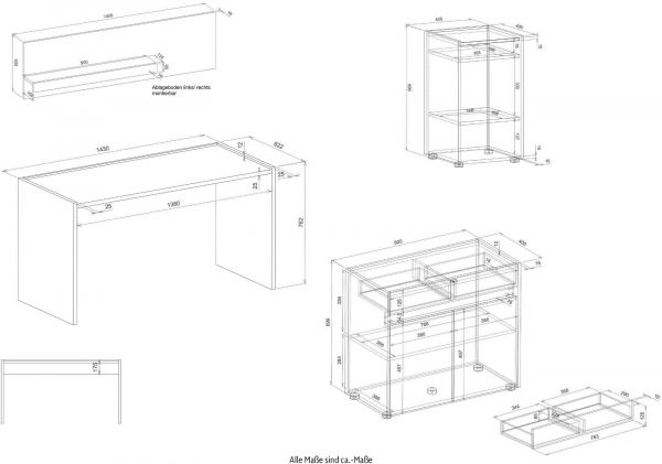 B�rom�bel Set Center in grau matt und Wotan Eiche mit Schreibtisch, Kommode und 2 x Regal f�r Homeoffice
