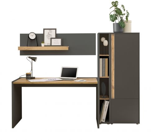 B�rom�bel Set Center in grau matt und Wotan Eiche mit Schreibtisch, Aktenschrank und 2 x Regal f�r Homeoffice