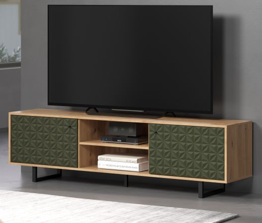 TV-Lowboard Sculpta in gr�n matt mit 3-D Struktur und Eiche Artisan TV-Unterteil 184 cm