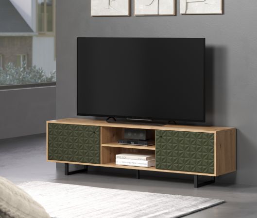 TV-Lowboard Sculpta in gr�n matt mit 3-D Struktur und Eiche Artisan TV-Unterteil 184 cm