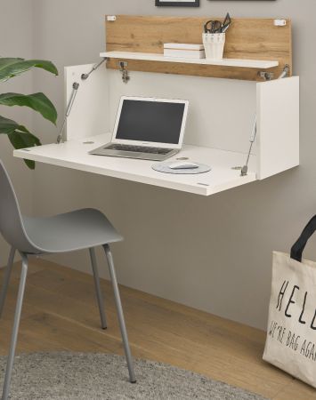 Sekret�r Center in wei� und Wotan Eiche Wandsekret�r f�r Homeoffice und B�ro 100 cm