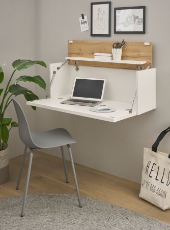 Sekret�r Center in wei� und Wotan Eiche Wandsekret�r f�r Homeoffice und B�ro 100 cm