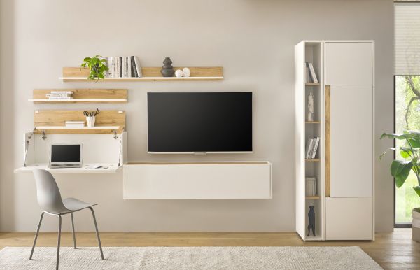 Sekret�r Center in wei� und Wotan Eiche Wandsekret�r f�r Homeoffice und B�ro 100 cm
